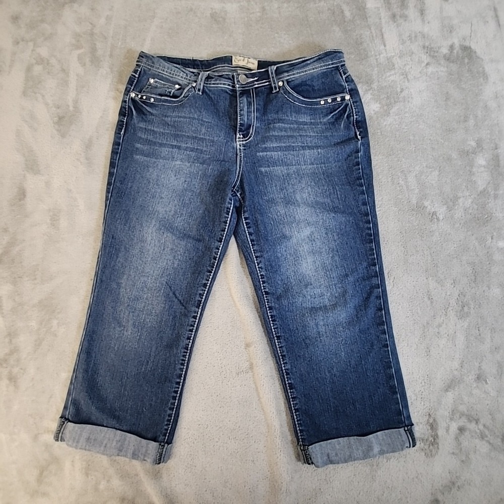 Earl Jean‎ Capri Womens 10 Blue Cuffed Rhinestone Studded Distressed Casual